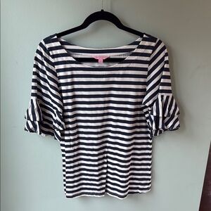 Lilly Pulitzer White and Blue Ruffled Fitted Blouse